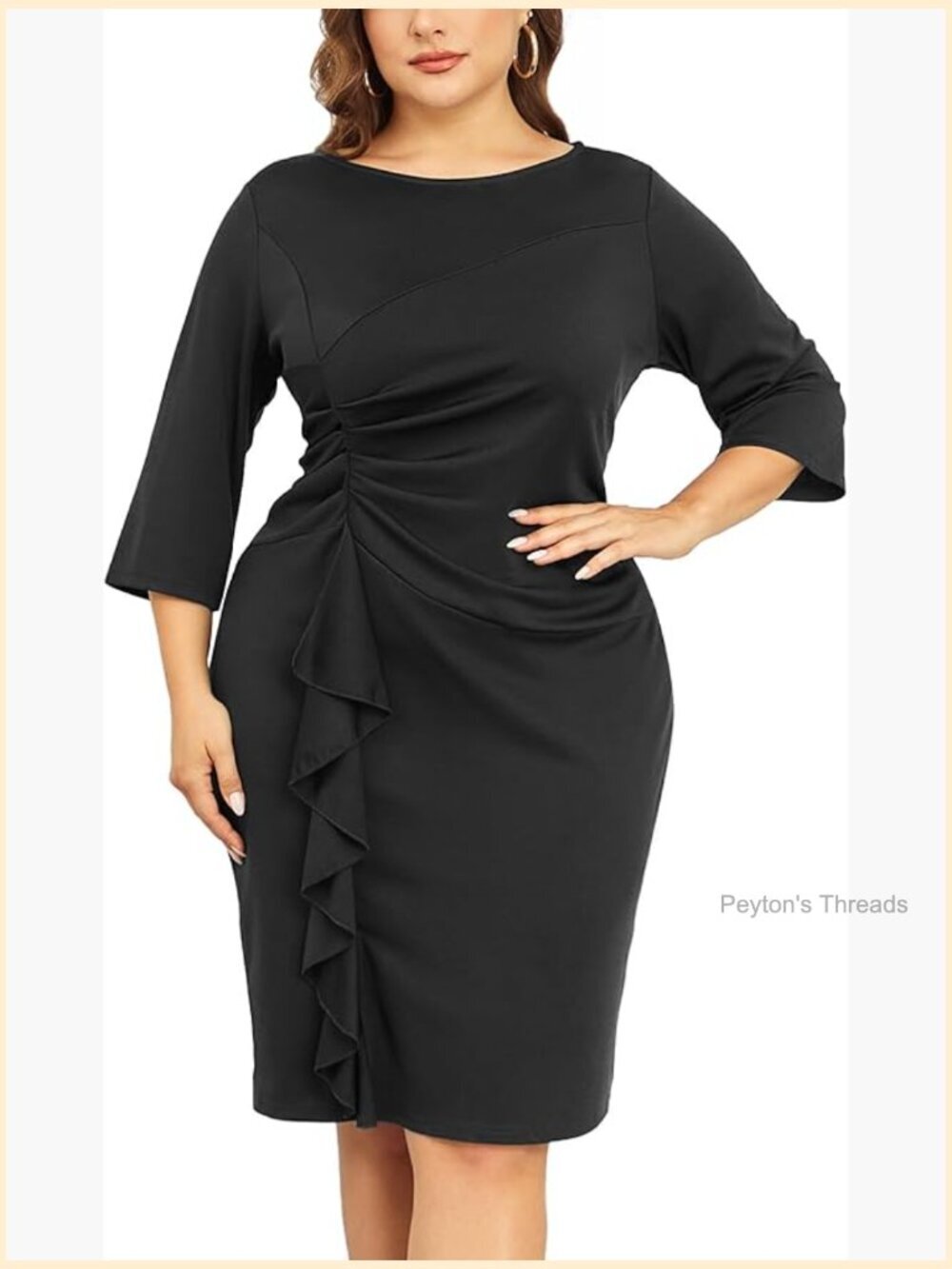 Plus Size Bodycon Midi Dress with Ruffle Sleeves Crew Neck Pencil Dress for Work